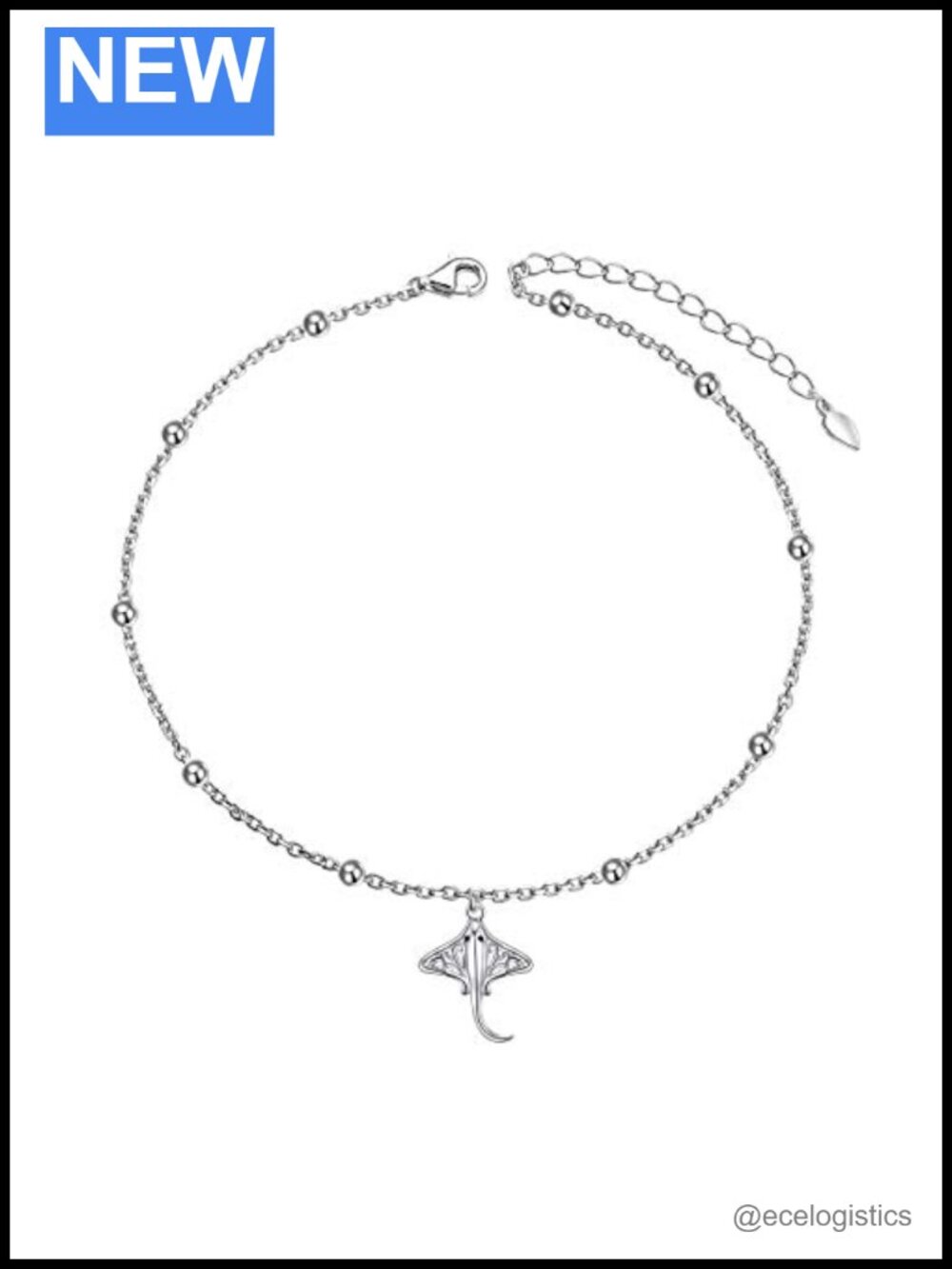 925 Sterling Silver Stingray Charm Beaded Adjustable Anklet